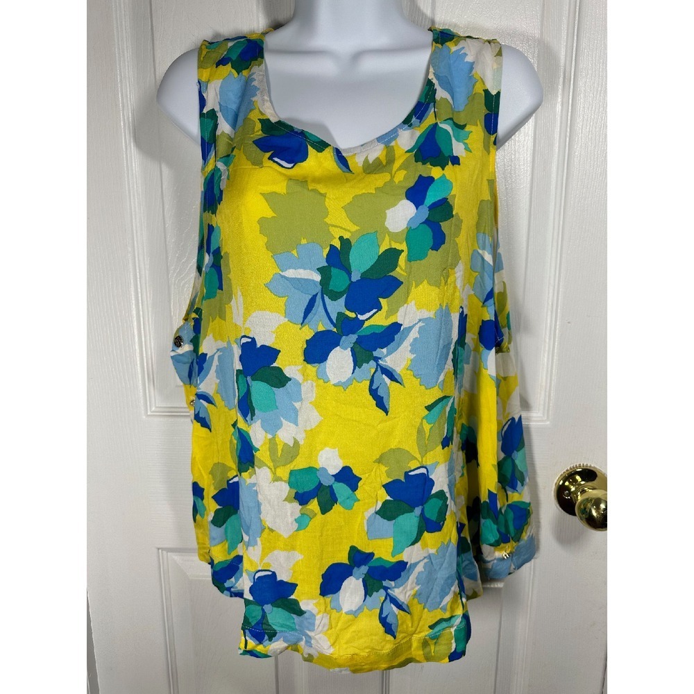 Draper James RSVP‎ Floral Tank Top Sleeveless Button Accent Yellow Blue XL